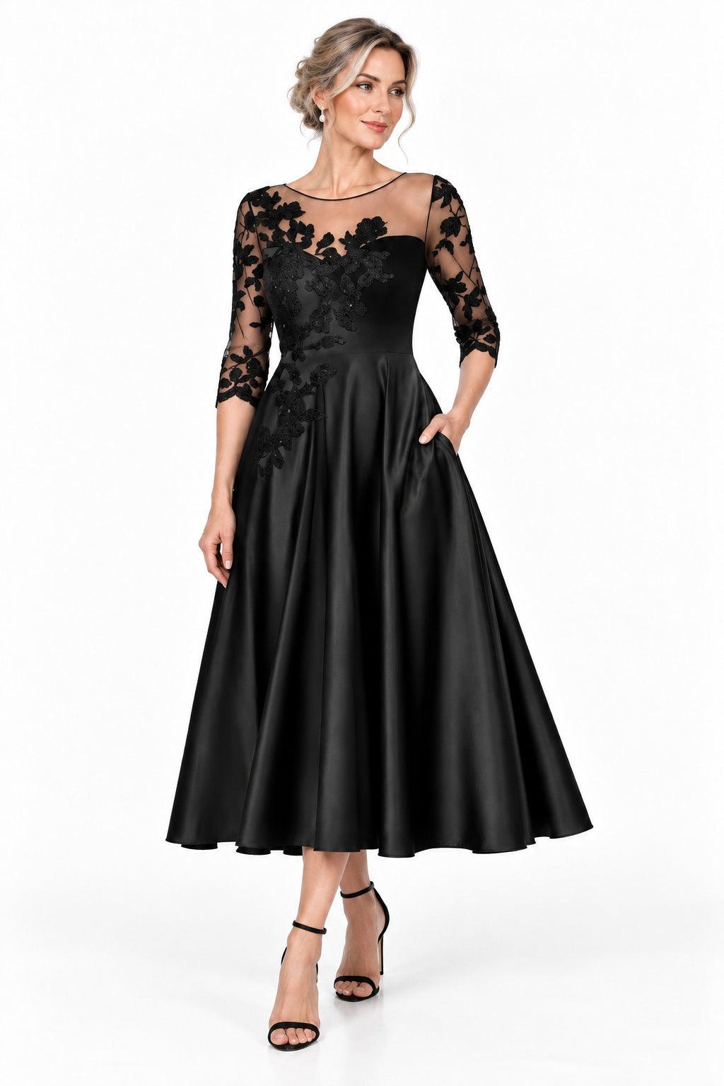 A-Line Tea Length Satin Mother of the Bride Dress CM0526 - Black - COCOMELODY